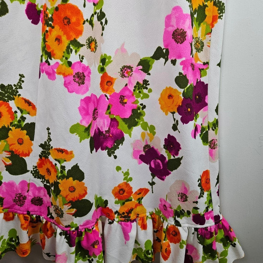 Vintage 70s Floral Maxi Dress Sleeveless S? Ruffle Neck White Pink Orange - Picture 8 of 11